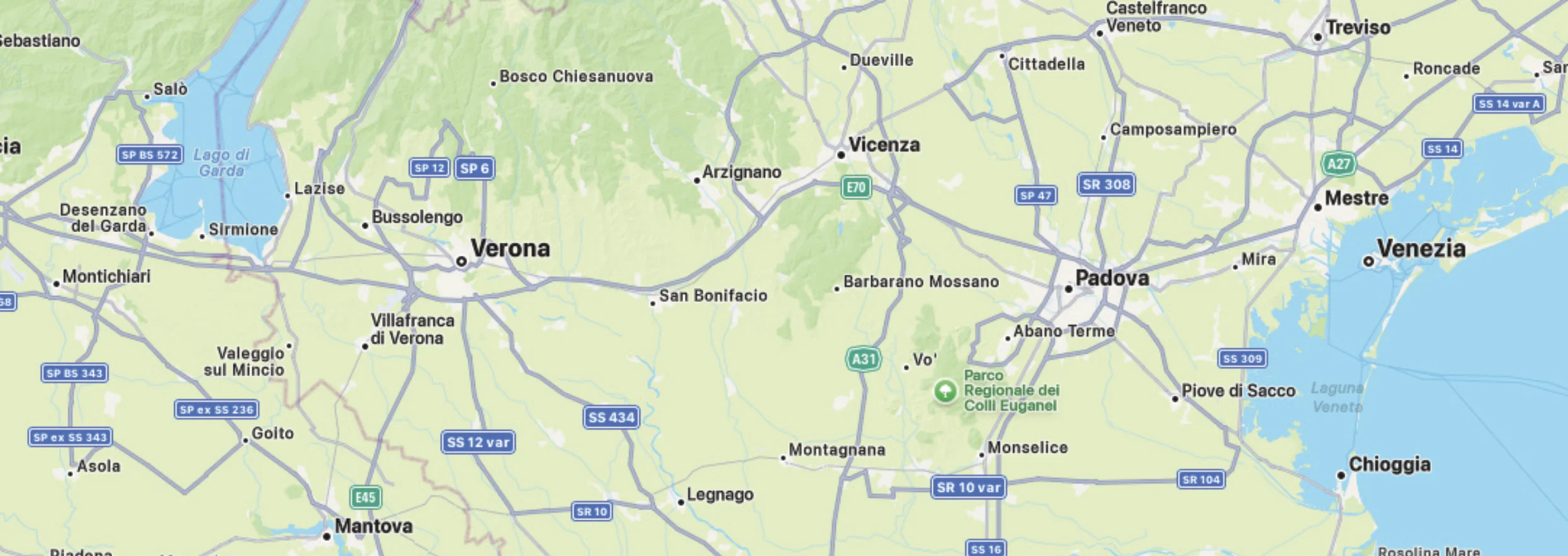 Mappa dell'Italia settentrionale da Brescia a Venezia