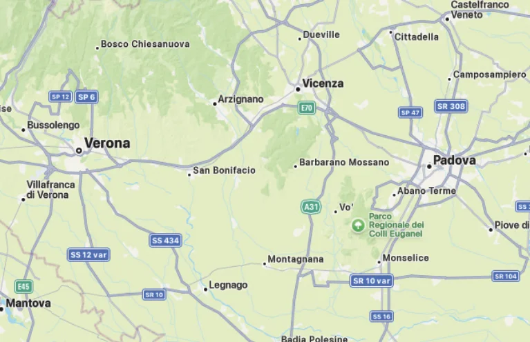 Mappa dell'Italia settentrionale da Brescia a Venezia